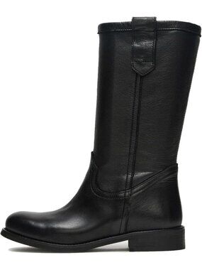 Women's Black Mid Calf Chunky Block Heel Pull On Boots Round Toe Stylish Boots